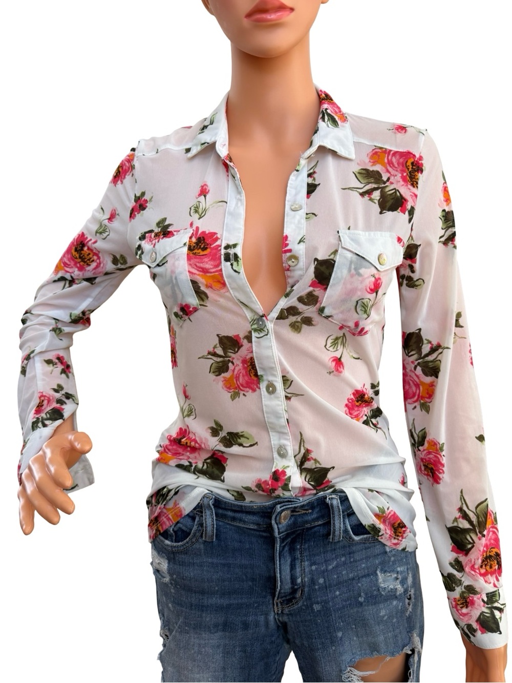 DNA couture White Sheer Button-Down Shirt with Pink Floral Print